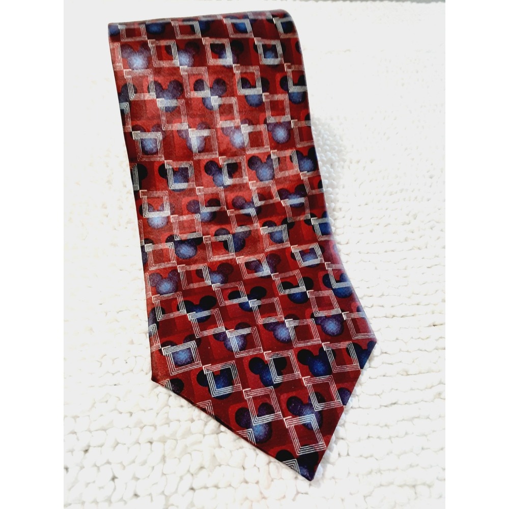 Disney Resort Mickey Mouse 100% Silk Tie Burgundy Red Multicolor  57x4